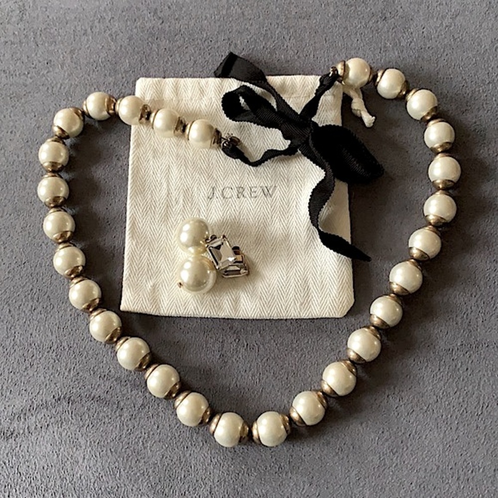 Set of J Crew pearl pierced earrings and pearl necklace.